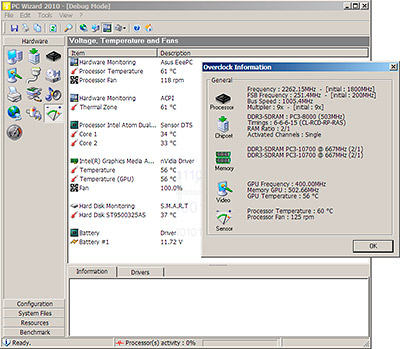 Overclocking Asus Eee PC 1215n: Monitoring component clocks and temperature using PC Wizard