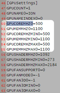 Overclocking Asus Eee PC 1215n: setting overclocking values for GPU and VRAM in .nsu configuration file