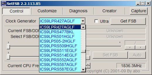 Разгон Asus Eee PC 1215n: Выбираем генератор множителей (Clock Generator) в программе setfsb